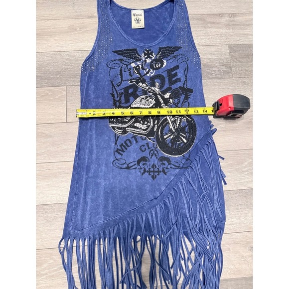 Vocal Blue Studded Fringe Tank Dress Live to Ride Motorcycle Graphic Size L USA - Picture 10 of 12